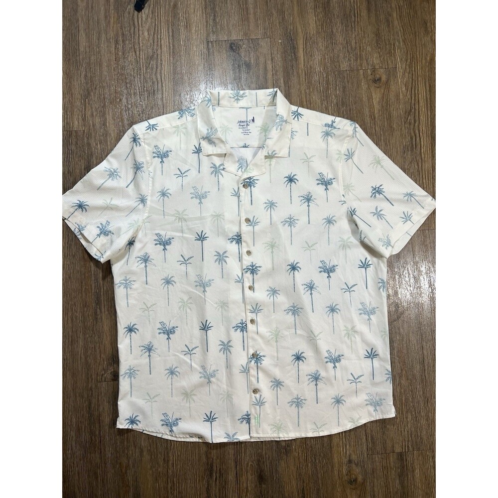 johnnie-O Light Yellow Short Sleeve Button-Down with Blue Palm Print